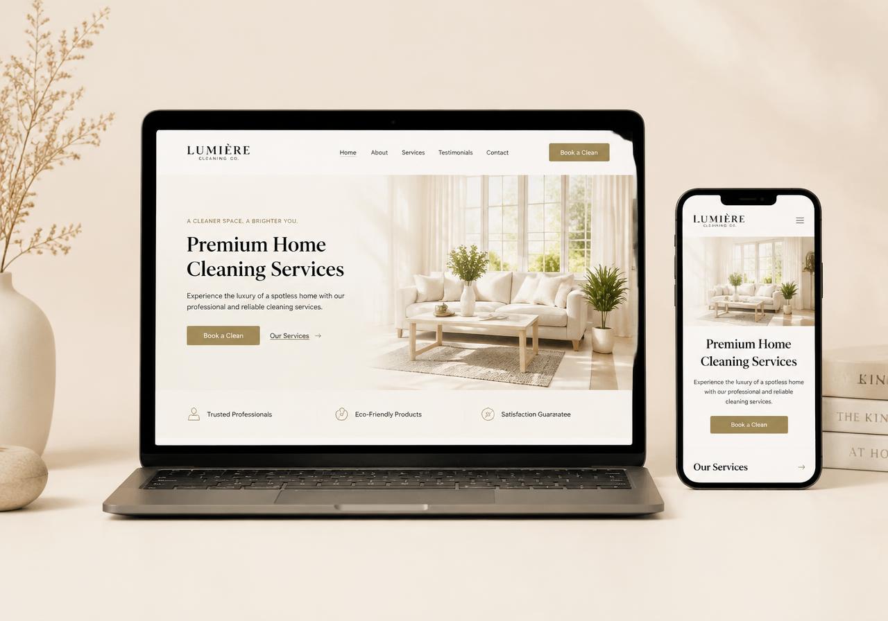 Modern Cleaning & Home Services website concept on laptop and phone