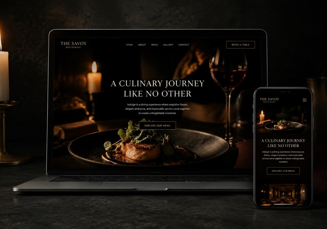 Premium Restaurant & Hospitality website concept on laptop and phone